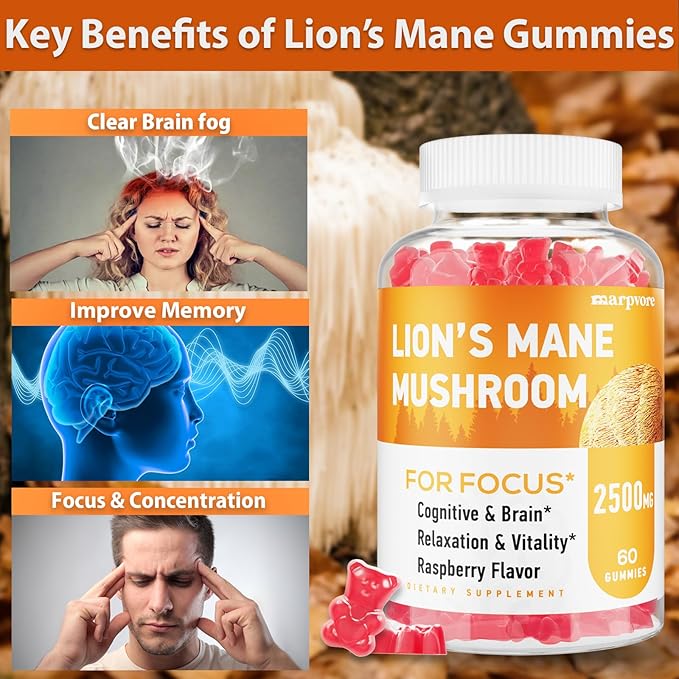 Lions Mane Gummies, Organic Lion's Mane, Lions Mane Gummies for Adults, with Ashwagandha & Alpha GPC, Cortisol Supplements for Women & Men, 60 Counts