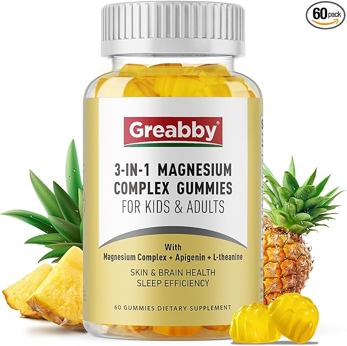 Triple Magnesium Complex Gummies - 800mg Magnesium Glycinate & Citrate, Apigenin & L-Theanine, for Kids & Adults, Naturally Asleep & Muscle Cramps (60 Count)