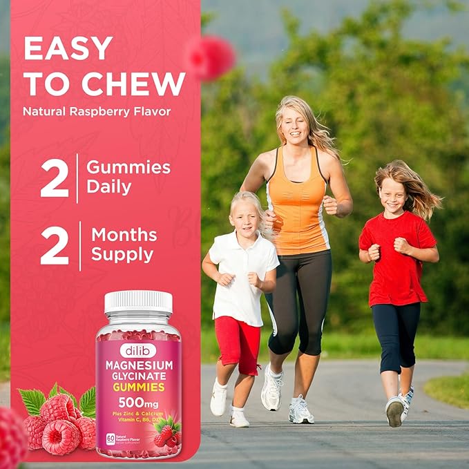 Magnesium Glycinate Gummies 500mg Magnesium Supplement with Calcium, Zinc, Vitamin C, B6, D3-Calm Chewable Gummies for Kids & Adults-Sleep, Mood & Muscle Support-Raspberry Flavor, 60 Gummies