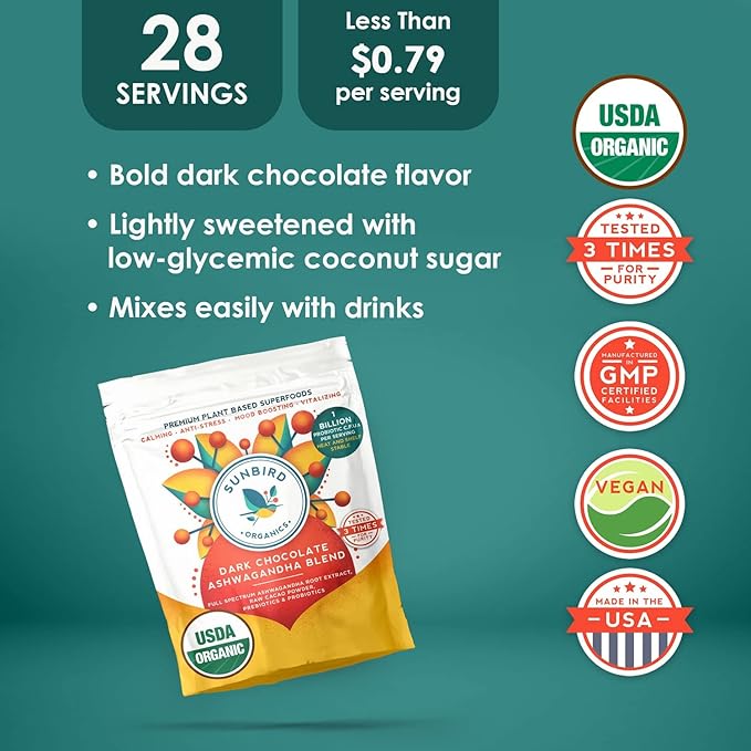 Chocolate Ashwagandha Powder with Probiotics. Healthy Hot Chocolate & Smoothie Mix. Organic Ashwagandha Root Extract, Cacao Powder & Prebiotic Fiber.
