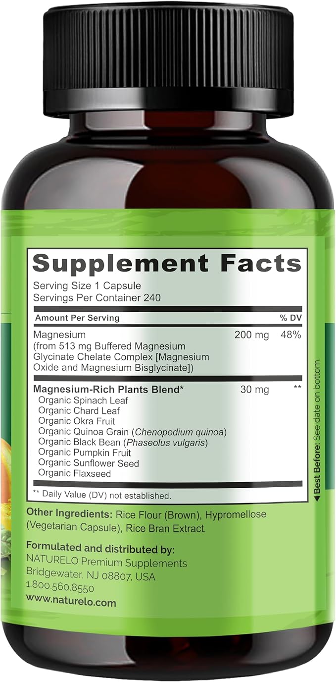 NATURELO Magnesium Glycinate Chelate Complex - 200 mg Magnesium with Organic Vegetables to Support Sleep, Calm, Muscle Cramp & Stress Relief - Gluten Free, Non GMO - 240 Capsules