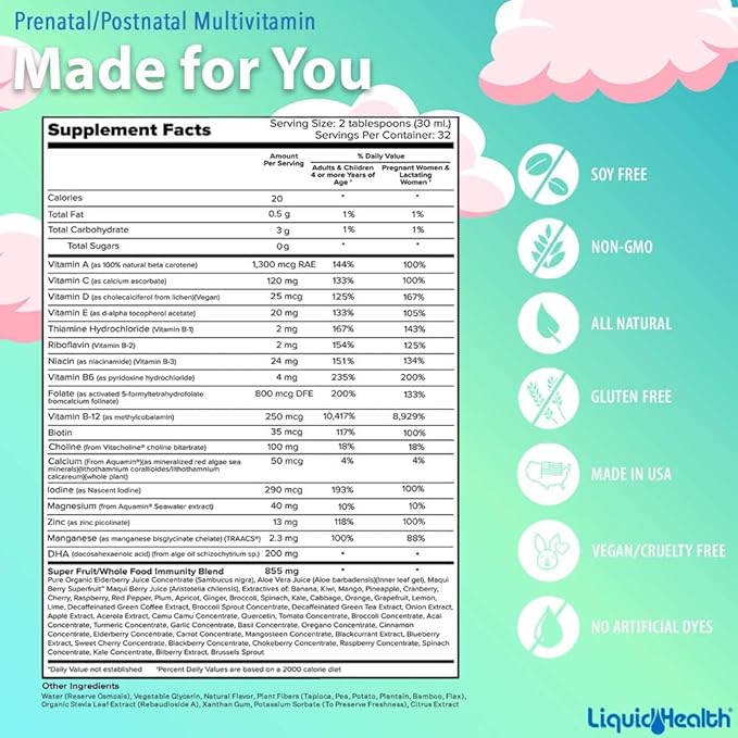 LIQUIDHEALTH Prenatal/Postnatal Multiple Liquid Women's Multivitamin with Real Folate - Pre & Postnatal Vitamins for Before, During, After Pregnancy - Vegan, Sugar-Free, Non GMO, Great Taste (32 oz)
