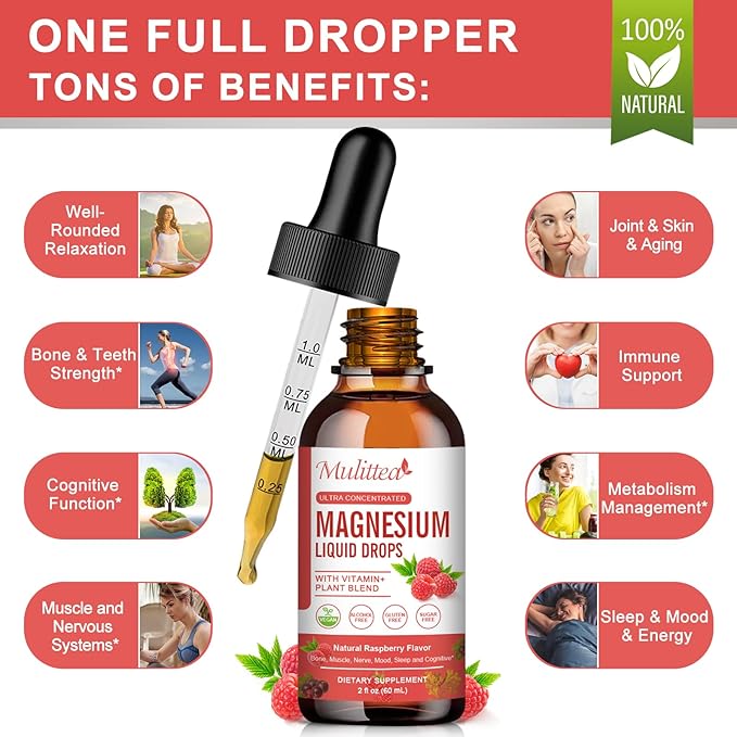 Magnesium Glycinate Liquid Drop - Triple Absorption Supplement to Support Nerves, Night, Heart, Muscles * -Sugar-Free with Potassium, L-Theanine, Sea Moss Vitamin B,C,D3, K2-1Pack