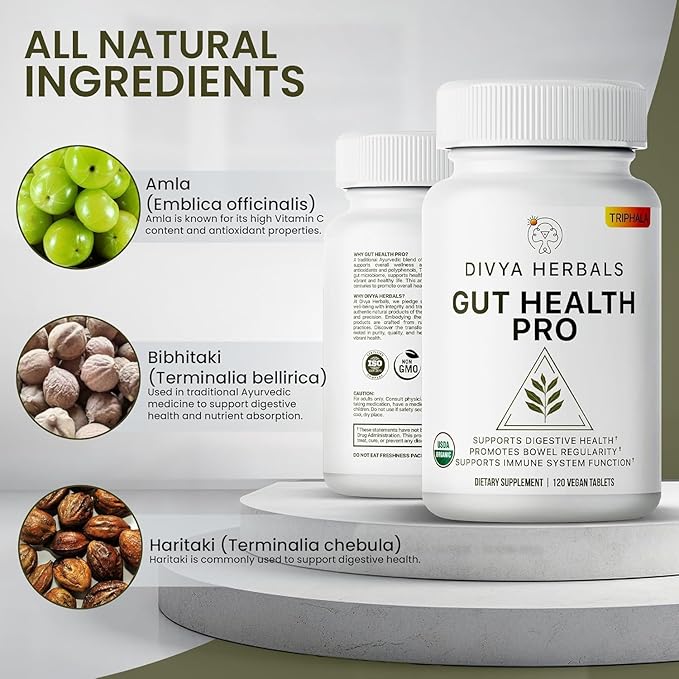 Gut Health Pro - Detox, Digestive Health, Gas & Bloating Relief - Constipation Support - Immune Boost - Organic Triphala Supplement - for Women & Men - Uncoated Vegan Tablets - 60 Svgs