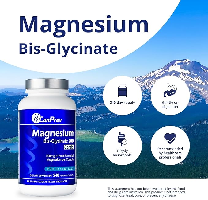 CanPrev Magnesium BisGlycinate Gentle 200mg, 240 v-Caps 240-Day Supply - Pure Elemental Magnesium Supplement, Supports Bone and Muscle Function, Gentle on Stomach, Perfect for Daily Magnesium Needs
