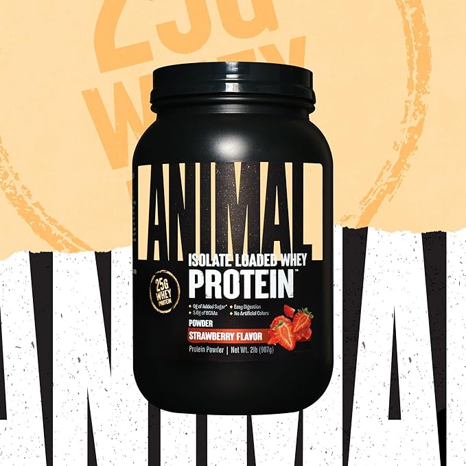 Animal Whey Isolate Protein Powder - Loaded for Pre & Post Workout Muscle Builder and Recovery with Digestive Enzymes for Men & Women - 25g Protein, Great Taste, Low Sugar - Strawberry 2 lbs