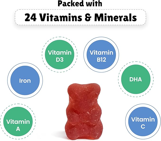 Kids Multivitamin Gummies |2+ Years| No Added Sugar | DHA, Vitamin D3, B12, C, A, Zinc & Iron | Immunity & Bone Health | No Preservatives I Gluten Free I Strawberry Flavour I 30 Day Pack