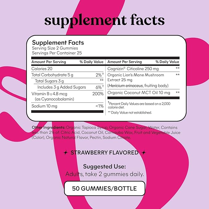Lemme Focus Concentration & Brain Health Gummies with Cognizin Citicoline, Lion's Mane Mushroom, Vitamin B12 to Support Focus + Concentration - Gluten Free, Caffeine Free, Strawberry (50 Count)