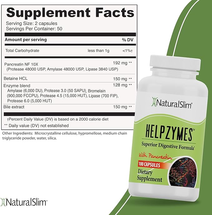 NaturalSlim Helpzymes Digestive Enzymes for Digestion, Bloating, Gas Relief & Gut Health Supplement - Digestion Supplement* with Pancreatin, Betaine HCL & Daily Essential Enzyme - 100 Caps (2 Pack)