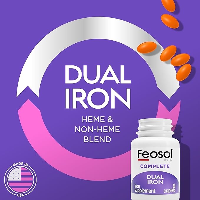 Feosol Complete Iron Supplement Tablets, Non-heme, 325mg Ferrous Sulfate (65mg Elemental Iron) per Iron Pill, 1 Per Day, 30 Count (Pack of 2, Total 60 Count), for Energy and Immune System Support