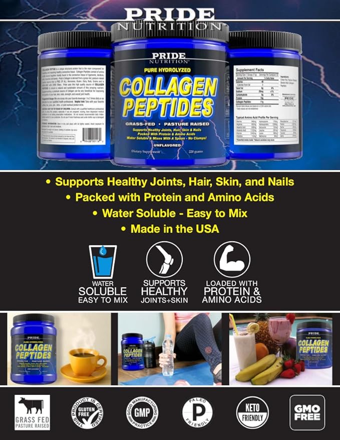 Collagen Peptides Powder - Grass Fed Pasture Raised Hydrolyzed Paleo and Keto Protein Supplement - for Youthful Skin, Healthier Hair, Joints, Stronger Nails - GMO and Gluten Free