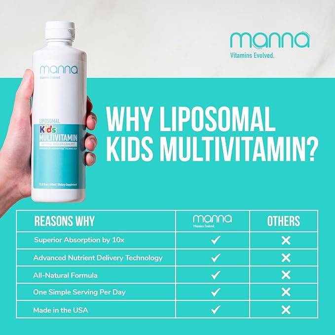 Manna Vitamins Evolved Liposomal Kids Multivitamin - Vitamin D3 & Vitamin A Supplement - Vitamin B12 & Vitamin C Supplement - Kids Liquid Multivitamin - Immune Support Supplement for Children