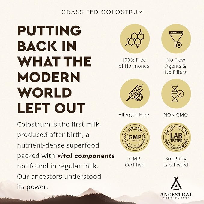 Ancestral Supplements Grass Fed Beef Colostrum Supplement, 3000 mg, Offers Immune Support and Promotes Gut Health, Athletic Performance, Healthy Iron Levels, Growth and Repair, Non GMO, 180 Capsules