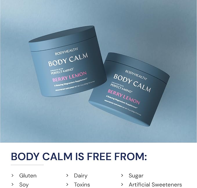BodyHealth Body Calm Enhanced with PerfectAmino, High Absorption Magnesium Supplement for Men and Women, Magnesium Powder for Sleep, Berry Lemon (50 Servings)
