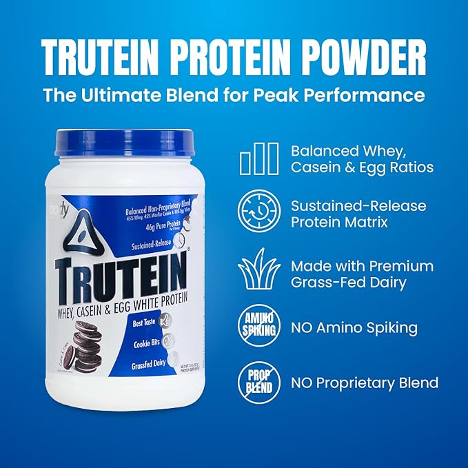 Body Nutrition Trutein High Protein Powder: 45% Whey, 45% Casein, 10% Egg White Protein Shake Mix, Low Sodium, Low Carb Protein Supplement Powder for Men & Women, Cookies & Cream, 2lb
