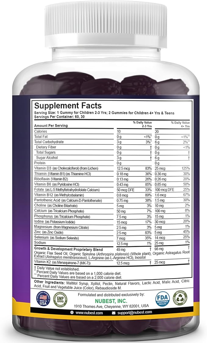 NuBest Tall Gummies for Kids Age 2+ & Teens | Bone Strength, Immunity, Digestive Health with Calcium, Vitamin D3, K2, B Complex, Magnesium, Zinc | 20+ Vitamins Berries Gummies, No Added Sugar