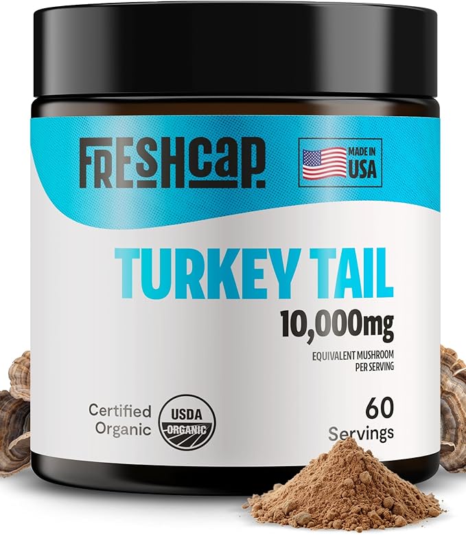 FreshCap Turkey Tail Mushroom Powder 10,000mg - Turkey Tail Supplement Mushroom Extract for Immune Support, Ayurveda Nootropic Supplement (60 Servings)