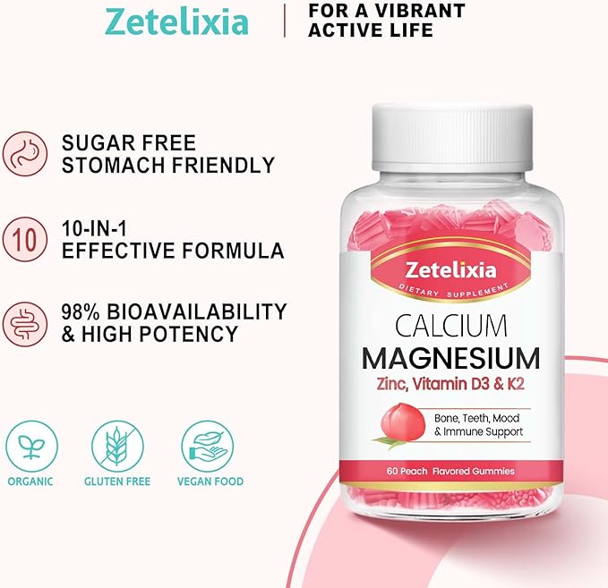 Sugar Free Calcium Citrate Gummies, Calcium Magnesium Gummies with Vitamin D3 & K2 for Bones Muscles and Joints, Peach Flavor - 120 Ct