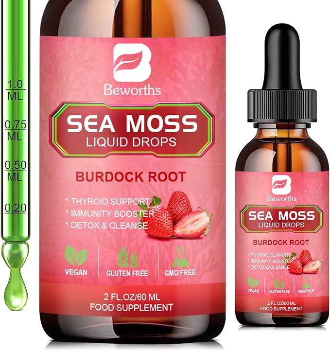 Sea Moss Liquid Drops - Organic Irish Sea Moss Gel with Spirulina, Bladderwrack, Burdock Root, Seamoss Gel Supplement for Immune, Joint, Detox Cleanse & Digestion Support - 2 Fl Oz, Vegan