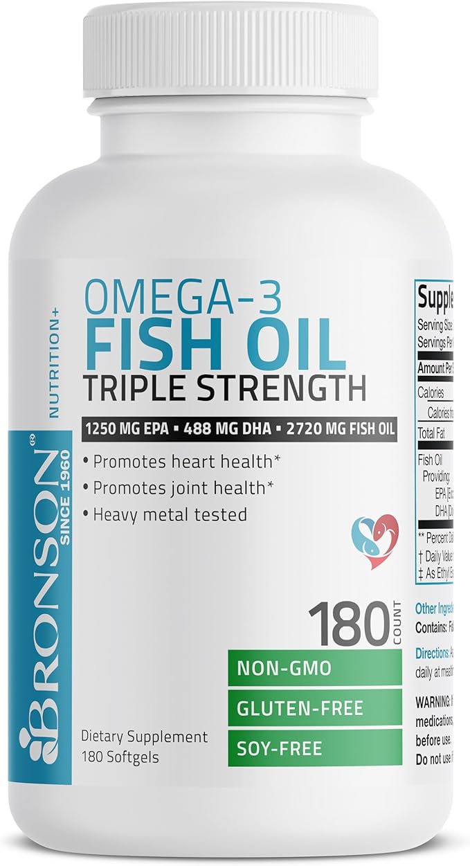 Bronson Omega 3 Fish Oil Triple Strength 2720 mg, High EPA 1250 mg DHA 488 mg, Non-GMO Heavy Metal Tested, 180 Softgels