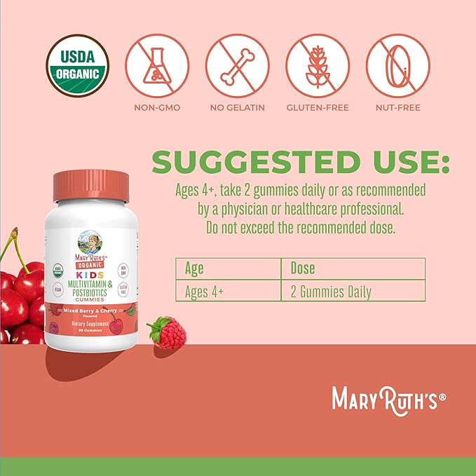MaryRuth Organics Kids Vitamins | USDA Organic | Multivitamin Gummies + Postbiotics for Ages 4+ | Lactobacillus Rhamnosus | Vegan | Non-GMO | 60 Count