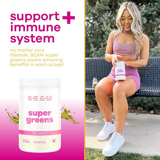 Be Amazing be Amazing Super Greens Powder with Prebiotics, Digestive Enzymes & Antioxidants | 18 Fruits & 8 Veggies | Gluten-Free Juice & Smoothie Mix | Pink Lemonade, 30 Servings, 342 g