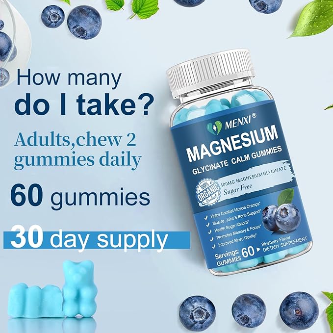 Magnesium Gummies 600mg per Serving-Magnesium Glycinate 400mg and Magnesium Malate 200mg,Sugar Free Magnesium Potassium Supplement for Calm Mood, Muscle, Bone & Sleep Support,60 Blueberry Gummies