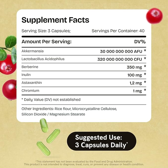 Akkermansia Probiotic 320 Billion CFU| GLP-1 Probiotic and Prebiotic | Akkermansia Muciniphila Probiotics For Women Digestive Health | Inulin Prebiotic Fiber Capsules Astaxanthin & Berberine 120 count