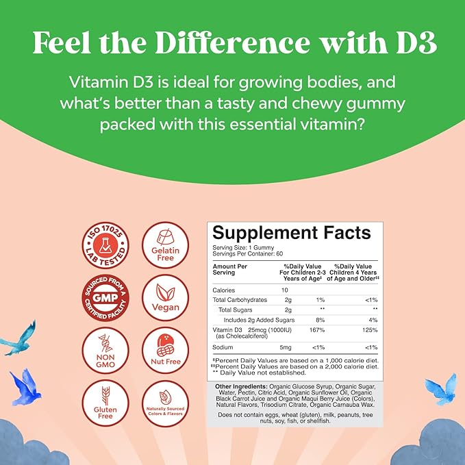 Natures Craft Organic Vitamin D Gummies for Kids - Vegan Kids Immunity Support Gummies with Vitamin D for Daily Teeth Muscle & Bone Support - Organic D3 Non GMO & Gluten Free 2 Month