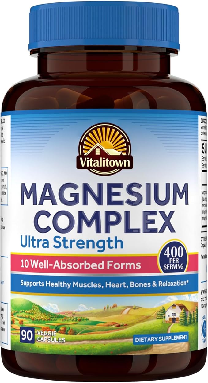 Vitalitown 10 in 1 Magnesium Complex Supplement - 400mg Elemental Magnesium Chelated with Glycinate, Citrate, Malate, Taurate & More - Magnesium for Sleep Muscle Heart Energy - Non-GMO, Vegan, 90 Caps