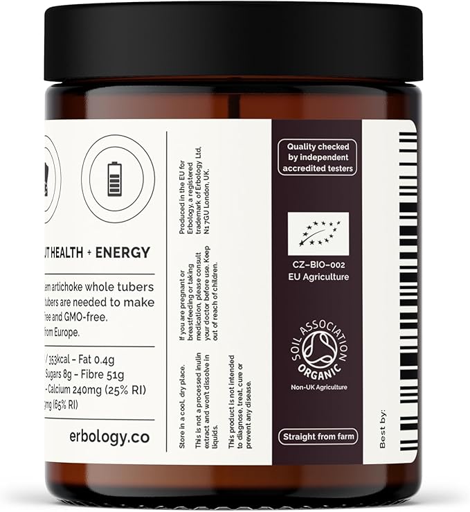 Erbology Organic Jerusalem Artichoke Powder 3.2 oz - 45 Servings - Sunchoke - 50% Prebiotic Inulin Fiber - Supports Gut Health and Promotes Diverse Microbiome - Feed Good Bacteria - Gluten-Free