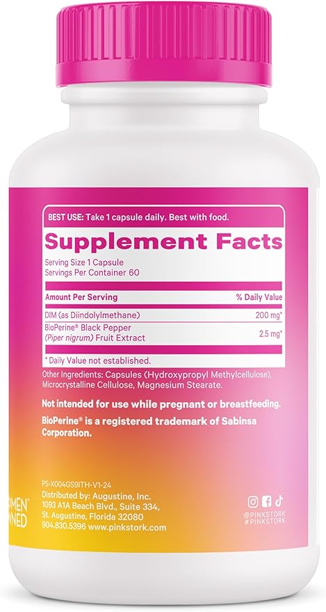 Pink Stork DIM Supplement for Women - Estrogen and Hormone Balance for Menopause, Perimenopause & PMS - DIM 200 mg Plus BioPerine for Mood Support - 60 Day Supply