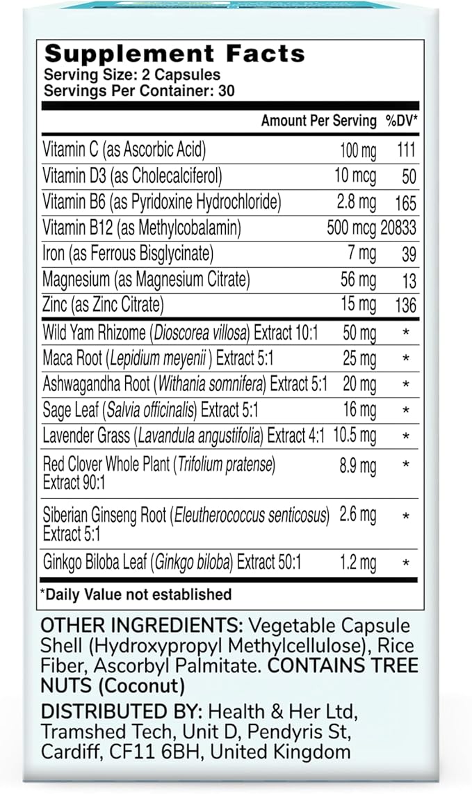 Health & Her Perimenopause Supplement for Women – The UK’s No.1 Perimenopause Supplement - Multi-Nutrient Wellbeing Support for Early Stage of Menopause, Vegan, Gluten-Free, Non GMO (60 ct - 1 Month)