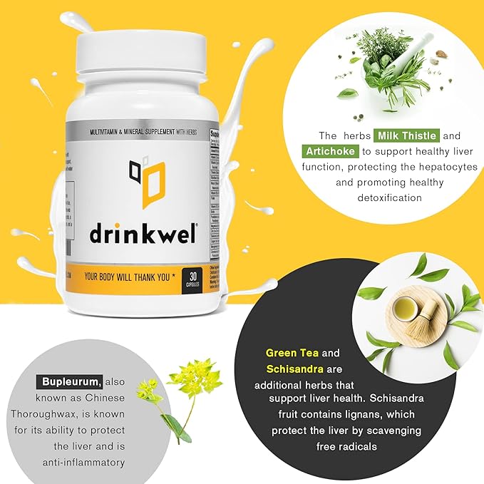 drinkwel Better Mornings - Premium Multivitamin Supplement - Liver Cleanse, Detox, Immune Support- Milk Thistle, Vitamin C, Zinc, Magnesium - 30 Count