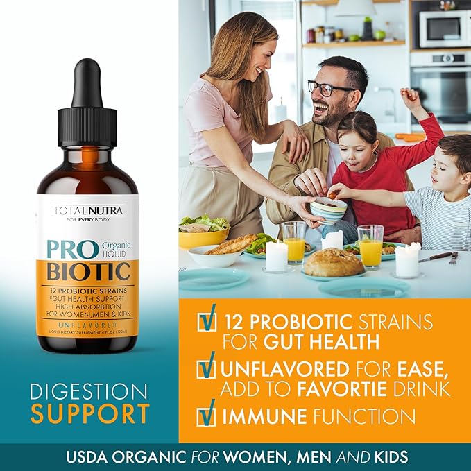 Liquid Probiotic for Women, Men, Kids, Toddler Probiotic: USDA Organic Vegan Probiotic Liquid & Alfalfa Blend + Acidophilus for Gut Health, Dairy Gluten Sugar Free, Non-GMO Oral Probiotics (4 Pack)