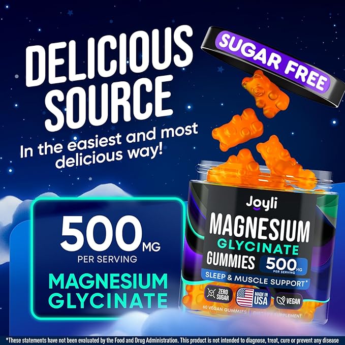 Magnesium Glycinate Gummies - Magnesium Glycinate 500MG Chews for Sleep + Vitamin B6, B12, D3 - Magnesium Supplement for Adults, Kids - Glicinato de Magnesio para Mujeres - 60 Magnesium Gummies