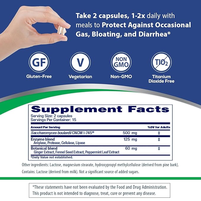 Florastor Advanced Gas and Bloat Probiotic, Digestive Enzymes and Botanicals, Plus Probiotics for Digestive Health, 30 Capsules