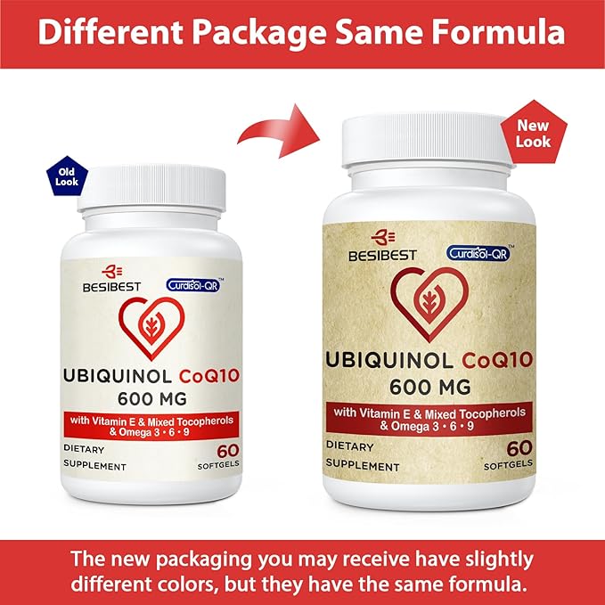 Ubiquinol CoQ10-600mg-Softgel, Active Coq10 Ubiquinol Supplement with Vitamin E & Omega 3, 6, 9, High Absorption-Coenzyme-Q10, Powerful Antioxidant for Energy Production, Tested, 60 Count