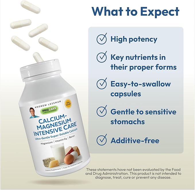 ANDREW LESSMAN Calcium Magnesium Intensive Care 250 Capsules - Bone and Skeleton Health Essentials. Easy to Swallow Capsules, Super Soluble Fine Powder. Gentle to Even The Most Sensitive Stomachs