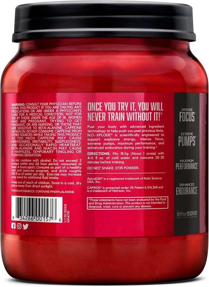 BSN N.O.-XPLODE Pre Workout Powder, Energy Supplement for Men and Women with Creatine and Beta-Alanine, Flavor: Watermelon, 60 Servings