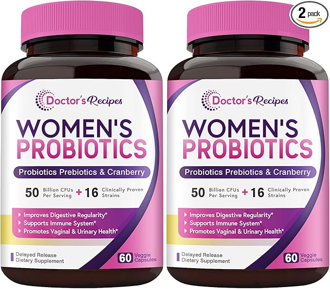Doctor's Recipes Women's Probiotics, 50 Billion CFU 16 Strains, with Organic Prebiotics Cranberry, Shelf Stable, Delayed Release, 120 Capsules (Pack of 2), 60 Day Supply