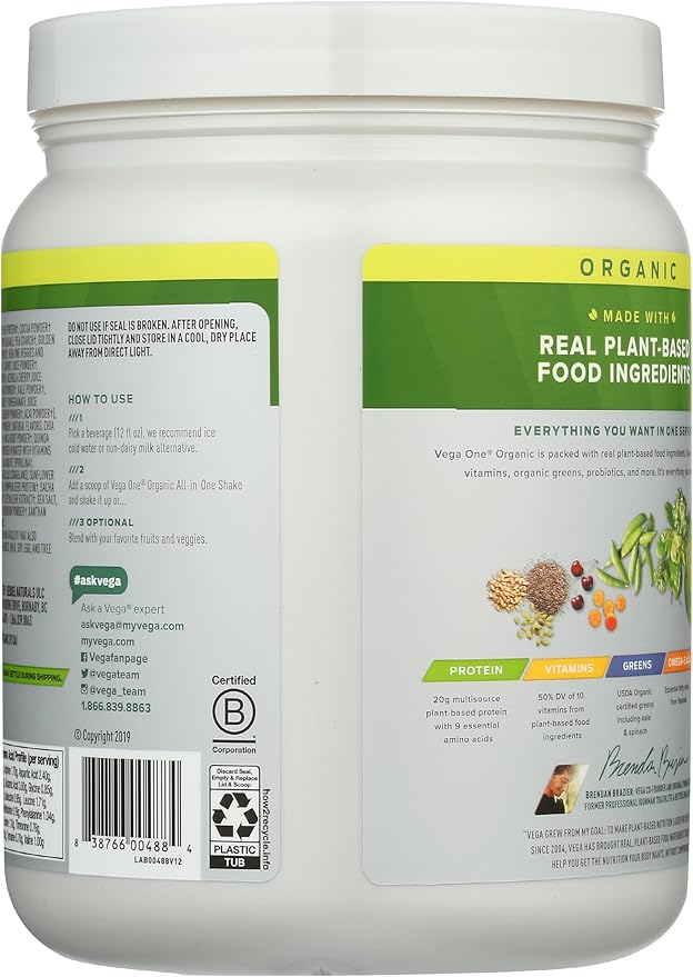 Vega Organic All-in-One Vegan Protein Powder, Chocolate - Superfood Ingredients, Vitamins for Immunity Support, Keto Friendly, Pea Protein for Women & Men, 13.2 oz (Packaging May Vary)