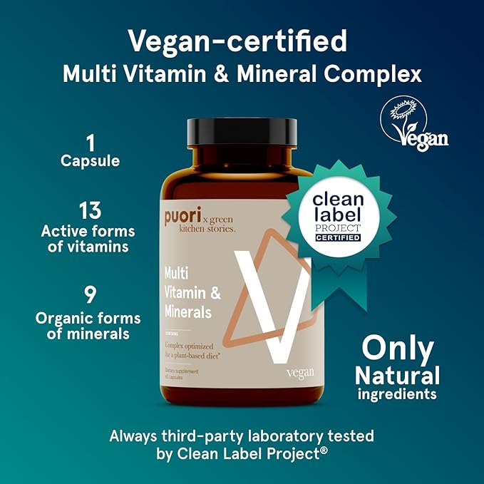 Puori Multi-Vitamin and Mineral Complex - 60 Vegan Capsules - Vegan Certified with 13 Essential Vitamin and 9 Minerals - for Overall Health, Nervous and Immune System - Dairy-Free, Vegetarian