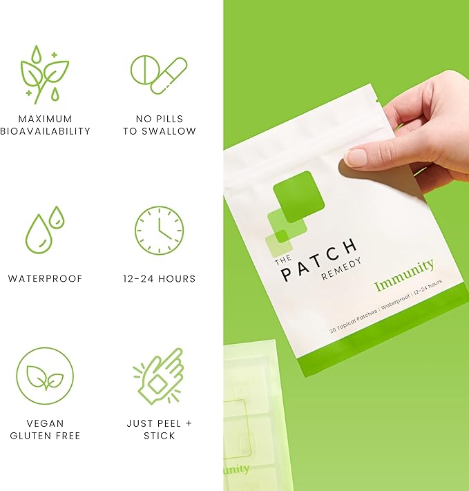 Immunity Patches - 30 Topical Immune Patches Containing Vitamin C, Zinc, Echinacea Extract & Ginkgo Biloba, Lasts 24 Hours