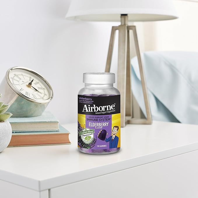 Airborne Elderberry + Zinc & Vitamin C Gummies For Adults, Immune Support Vitamin D & Zinc Gummies with Powerful Antioxidant Vitamins C D & E - 130 Gummies, Elderberry Flavor