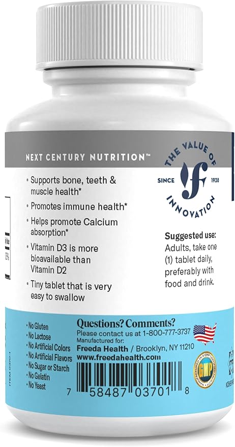 FREEDA Vitamin D3-5000 IU – High-Potency Vitamin D for Bone Strength & Immune Support – Easy-to-Swallow Tablets – 100 Tiny Tablets