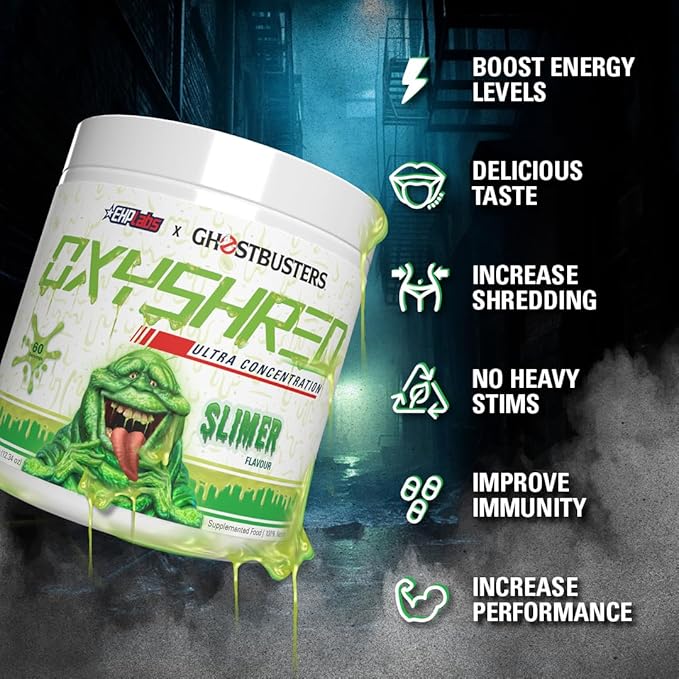 EHP Labs x Ghostbusters OxyShred Pre Workout Powder & Shredding Supplement - Preworkout Powder with Acetyl L Carnitine, Energy Boost Drink - Slimer Lime, 60 Servings