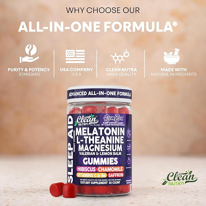 Clean Nutra Melatonin Gummies L Theanine Magnesium Valerian Root Lemon Balm Chamomile Vitamin C Gummy Saffron Sleep Aid Calm Vitamin B6 Stress Relief Hibiscus Relax Mood Happy Supplement Men Women