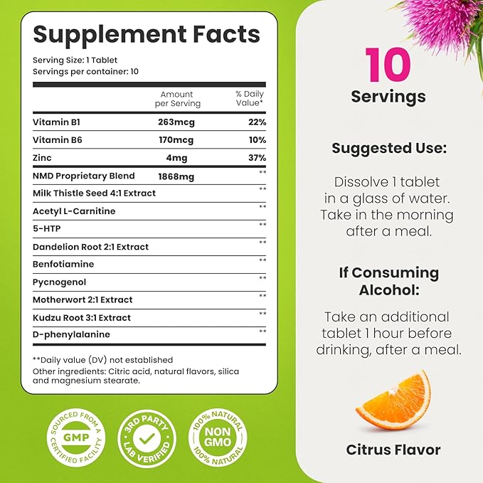 NoMoreDrinks Anti Alcohol Craving Supplement | Liver Detox & Combat Cravings | Energy Support Alcohol Replacement Drink | Organic Milk Thistle Supplement & Dandelion Root & 5HTP | (10) Energy Pills