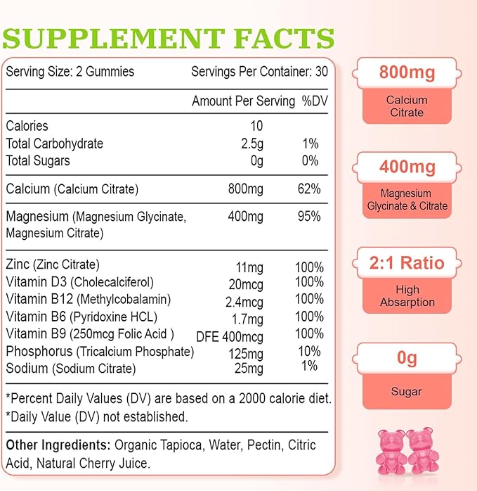 Calcium Magnesium Zinc Gummies, Calcium Magnesium 2:1 Ratio with Vitamin D3 & B12 for Support Muscle, Mood and Immunity, 60 Vegan Cherry Flavor Gummies